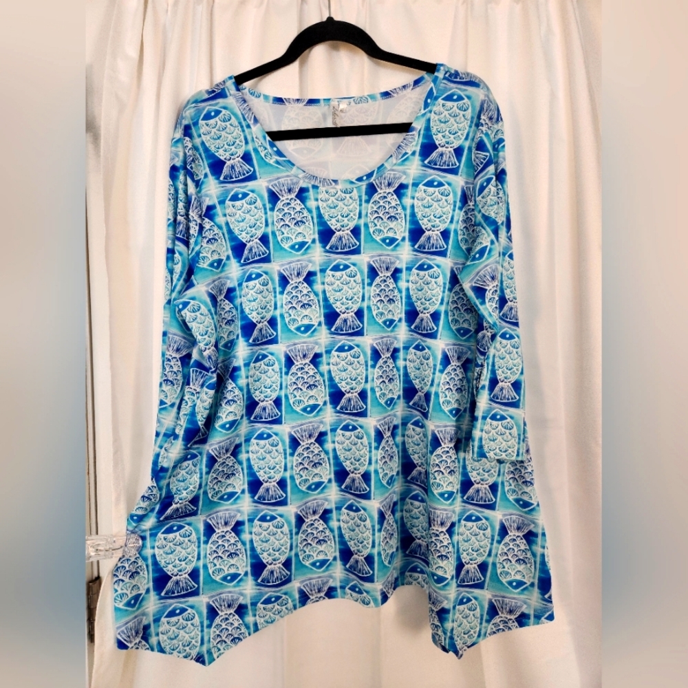 Lulu B long sleeve blue and white tropical tunic top XL
